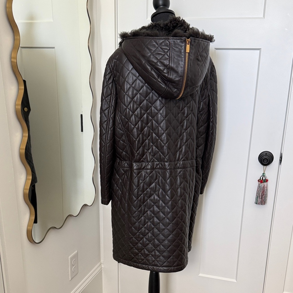 Michael Kors Collection Quilted Hooded Leather Coat in Dark Brown - Picture 2 of 7